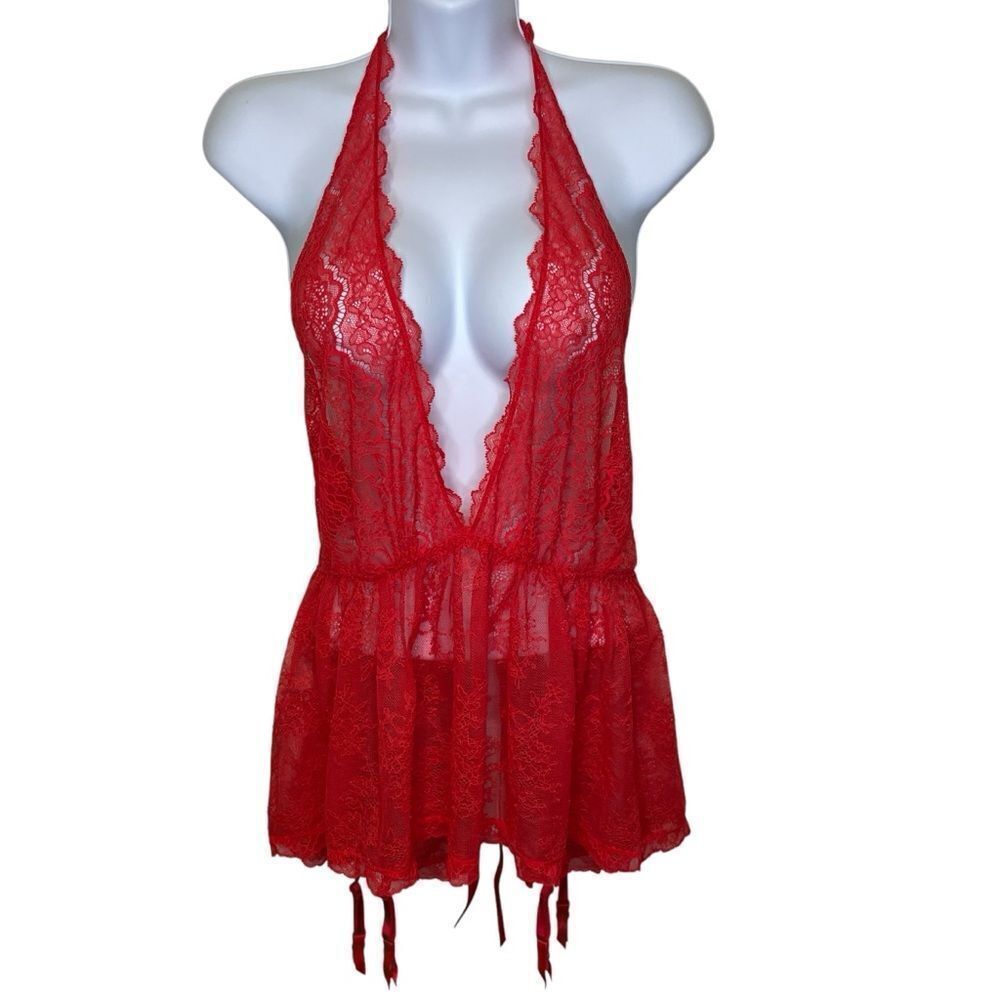 Victoria’s Secret Deep Plunge Lace Halter Lingerie With Garters Red Size XL